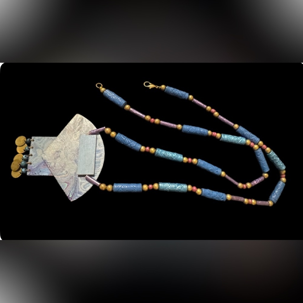 Long Necklace Handcrafted Wood Or Paper w/ Beaded Chain. Blue Boho Approx 26” - Picture 4 of 5